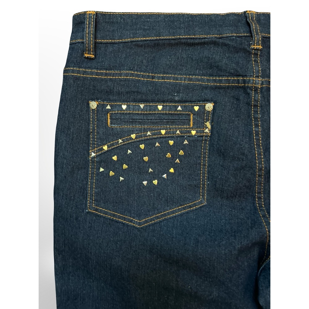 Diversa Y2K Womens 14 Studded Heart Bling Bootcut Jeans Dark Wash Denim 2000s - Picture 2 of 16